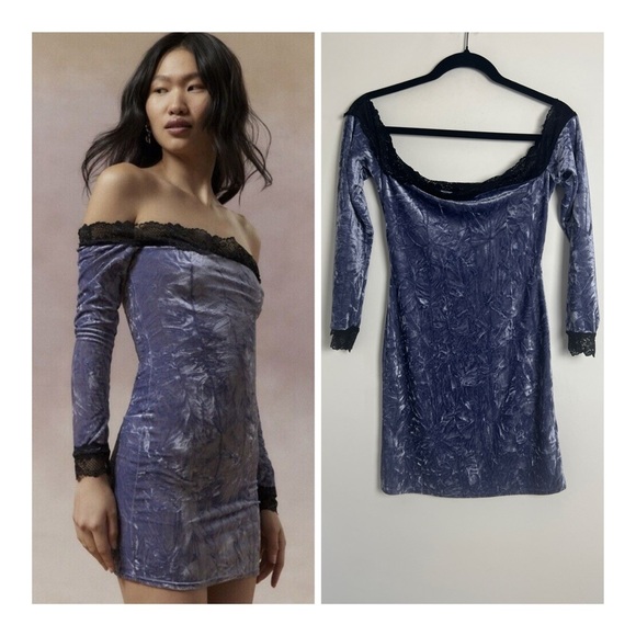 Kimchi Blue Ryder Velvet & Lace Women's Mini Dress Medium Blue Y2K Retro Bodycon - Picture 1 of 9
